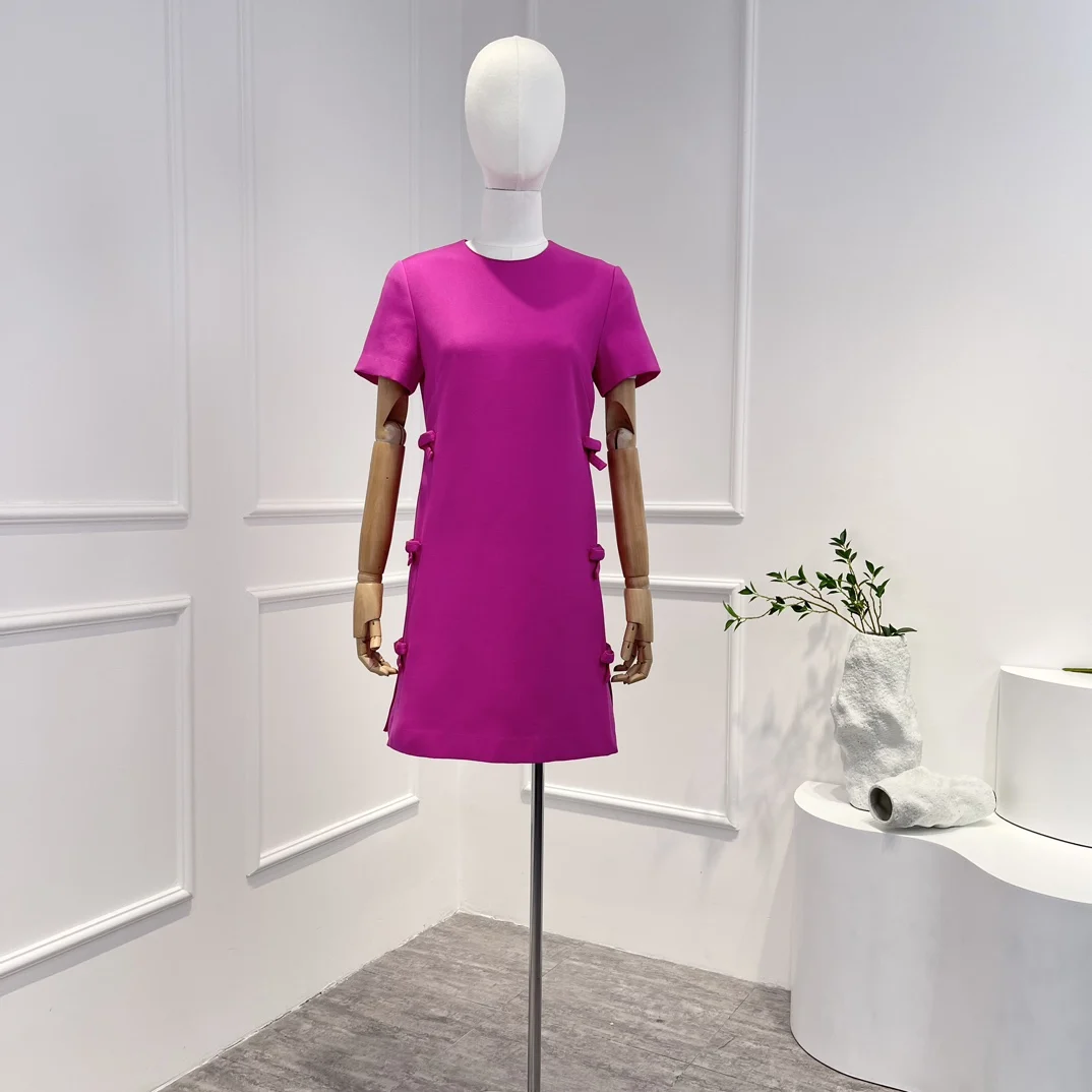 

2022 New Summer Top Quality Elegant Rose Red Short Sleeve Side Bow Mini Lady Dress