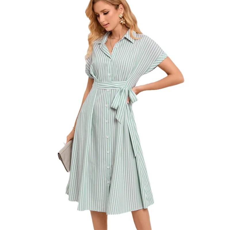 

Women's Shirt Style V Neck Long Lapel Striped Dress