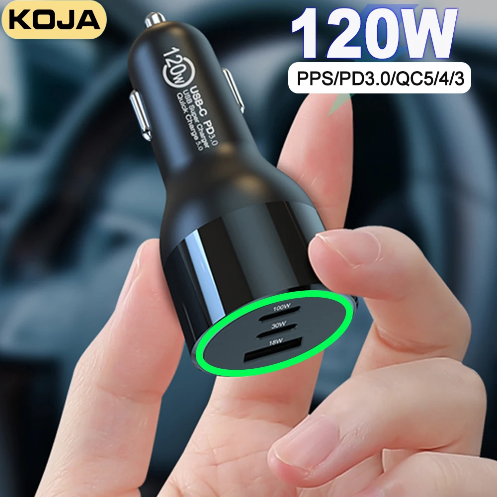 3-Port USB C Car Charger 120W QC5.0 PD 100W PPS 45W 30W QC3.0 18W For MacBook Iphone 13 Samsung S20 Xiaomi Phone Type-C Laptop