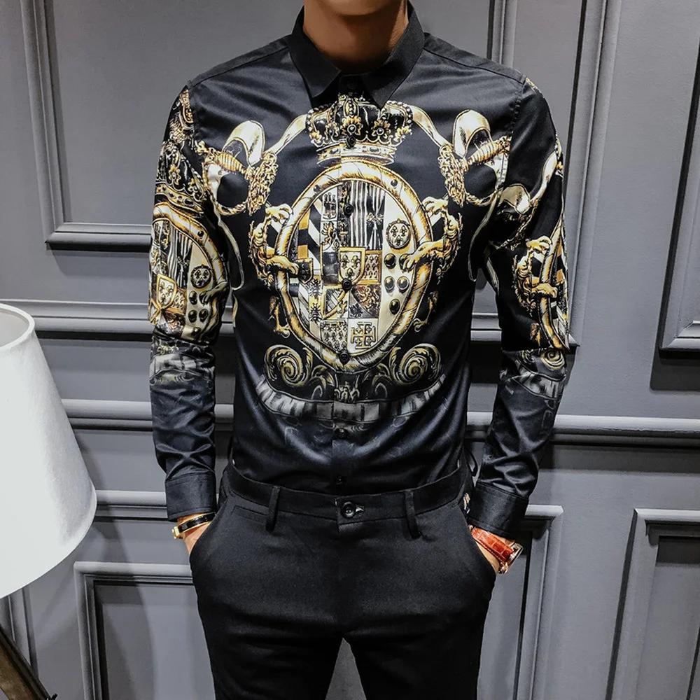 

2024 Black Gold Print Shirts men Baroque Slim Fit Party Club Men Camisa Homem luxury Long Sleeve Plus Size 4XL