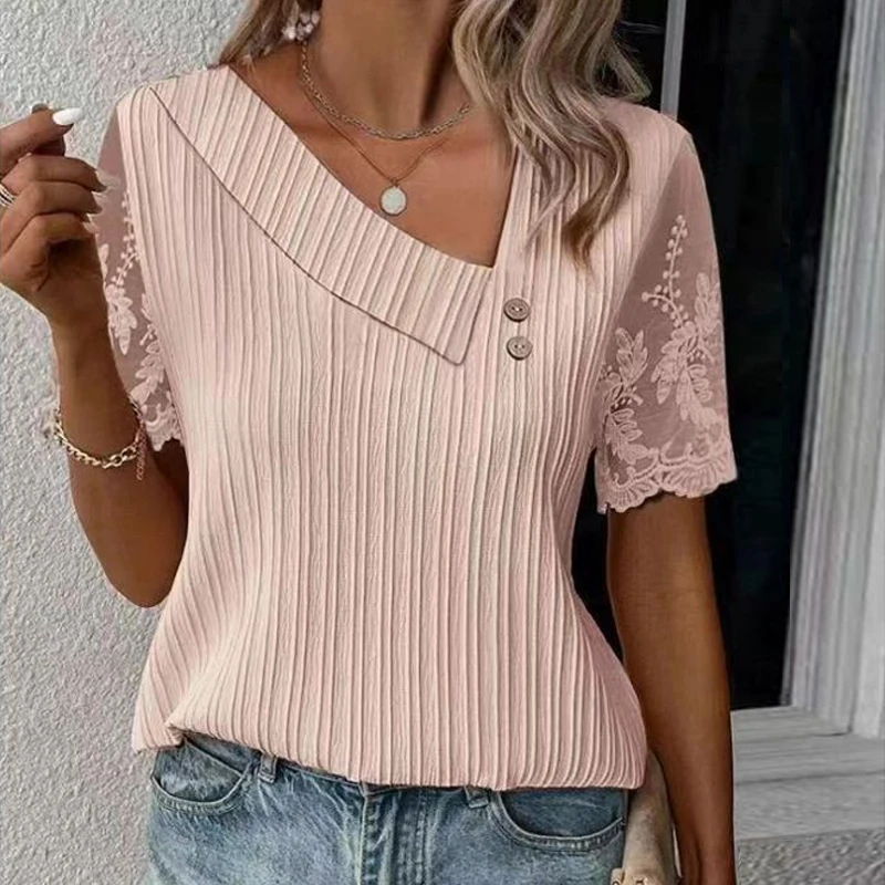 

Summer Fashion Buttons Loose Tops Elegant Lace Short Sleeve Shirts for Women Fashion Skew Collar Blouse Casual Clothes 28326