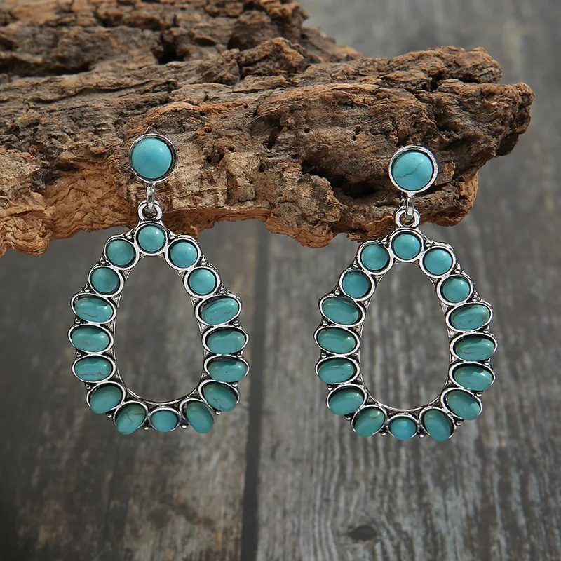 

Drop Earrings Turquoise Bohemian Dangle Metal Large Oval Earring Statement Cowgirl Vintage Teardrop Earrings For Women Girls