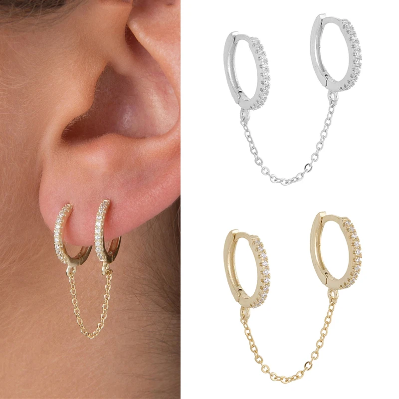 

1pc Exquisite Circle Link Chain Women Earrings Inlaid Glass Filled Double Pierced Earrings Female Earring Party Gift Jewelry