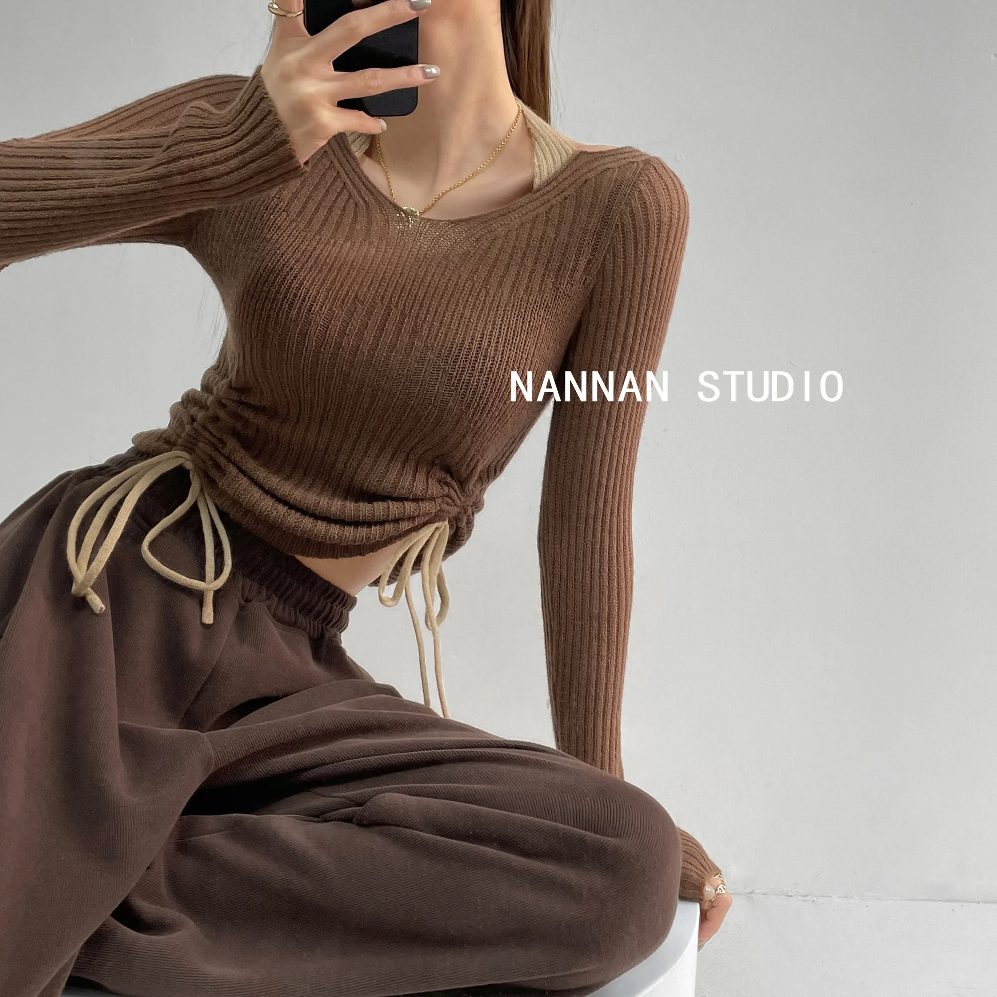 

Spring WOMEGAGA 2022 And Autumn New Fashion Street Style Pleated Halterneck Sweater Solid Color Slim Short Women's V4UJ