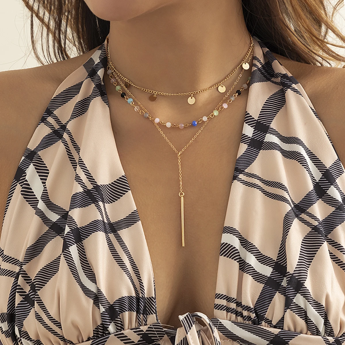 

Layered Crystal Beads Chain with Sequins Choker Necklace Set for Women Boho Long Tassel with Stick Pendant Necklace 2022 Fashion