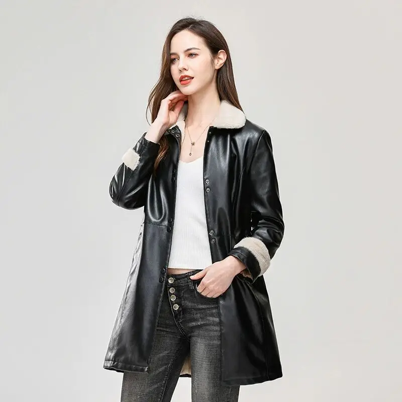 Trendy Women Winter Long Leather Jacket Fleece keeps you warm leather coat Korean version of the popular leather jacket red Tops
