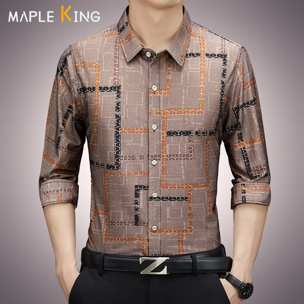 Рубашка мужская деловая с длинным рукавом, люксовая дизайнерская сорочка с принтом
