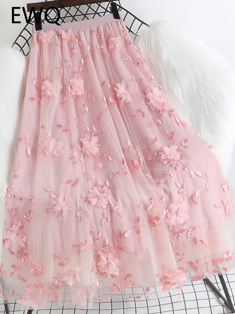 

EWQ Embroidery Three-dimensional Flower Patchwork Print High Waist A-line Sweet Style Chic Women's Skirt Autumn 2023 New SN3268