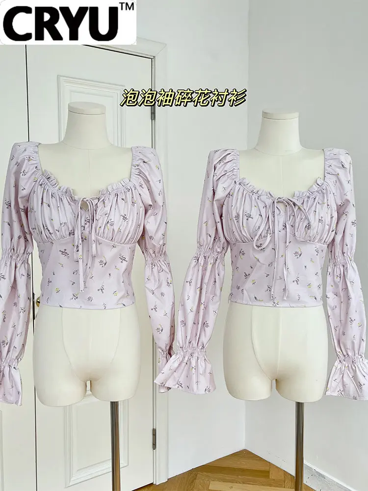 

French Style Women Retro Floral Print Crop Tops Square Collar Pleated Shirt Female Tie Up Puff Sleeve Clothes Elegance Vintage