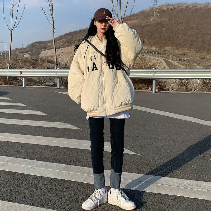 American Retro Style Letter Thick Baseball Uniform Trend Jacket Female Students Winter Harajuku Loose Cotton Coat Ins Overcoat