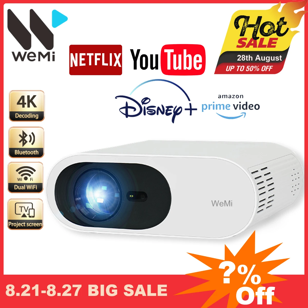 Проектор WEMI L005, 4k 1080P, Full HD мультимедийный проектор 600 Ansi, Smart WiFI, Android, коррекция автофокуса, Официальный домашний кинотеатр Netfliex