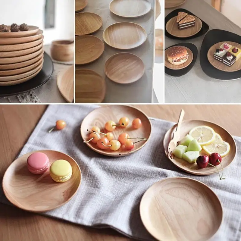 

Резиновые деревянные обеденные тарелки ручной работы, небьющиеся круглые деревянные тарелки блюда для фруктов