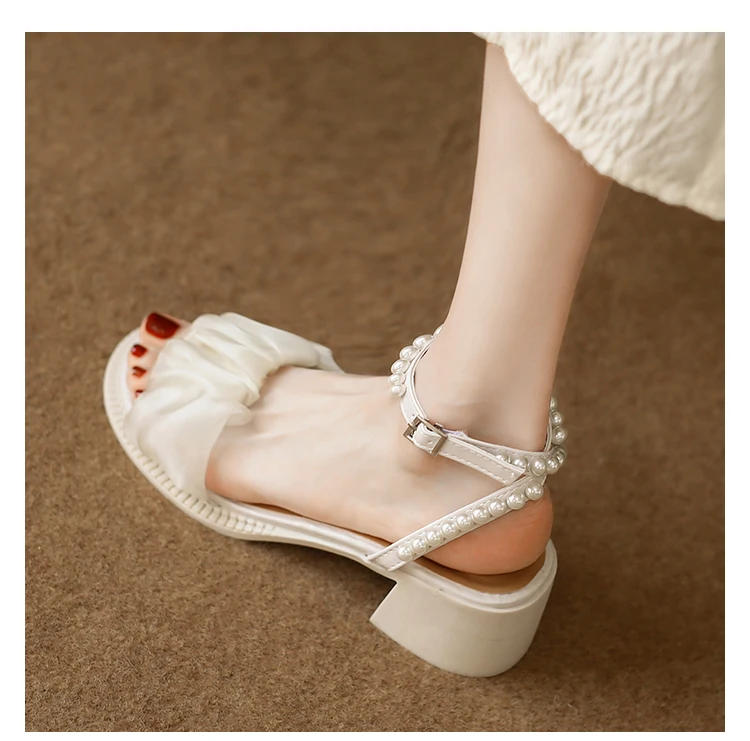 

Clear Heels 2022 Sandals Retro Woman Shoes Buckle Strap Suit Female Beige New Original High Block Girls Comfort Pearl Summer
