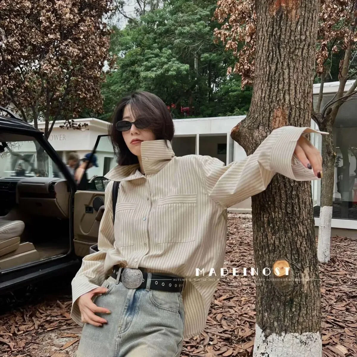 Осенняя двухсекционная элегантная рубашка в полоску стиле ретро свободный