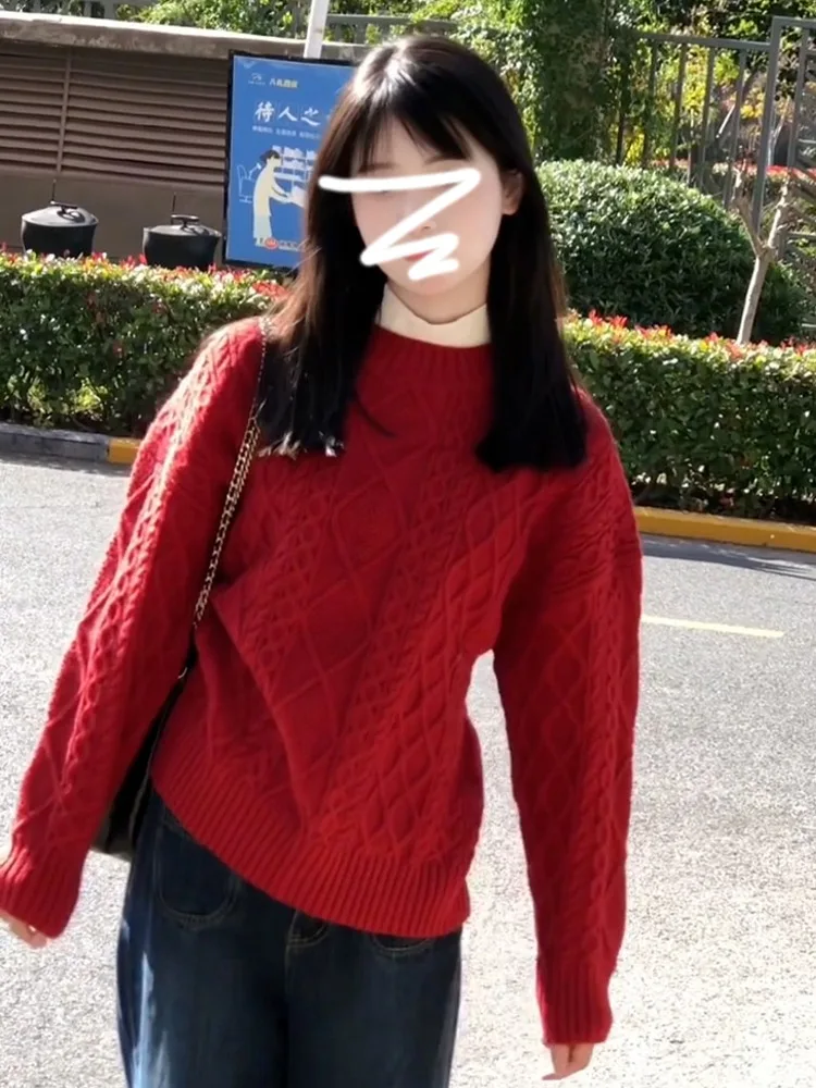 Красный облегающий пуловер в стиле ретро женский осенне-зимний дизайн трикотаж