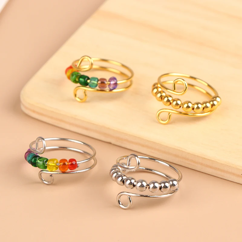 

Rainbow Beads Anxiety Ring Rotate Freely Anti Stress Fidget Spinner Rings For Women Girls Fashion Wedding Jewelry