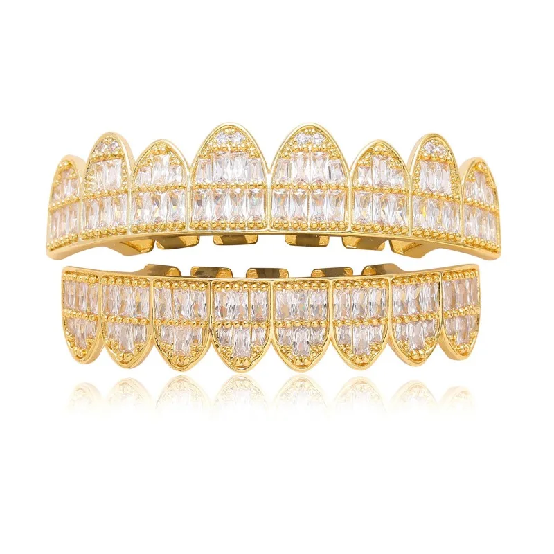 

Hiphop Iced Out T Square Zircon Tooth Grillz 8/8 Body Piercing Jewelry Vampire Real Gold Plated Teeth Grills Top Bottom Cap Set