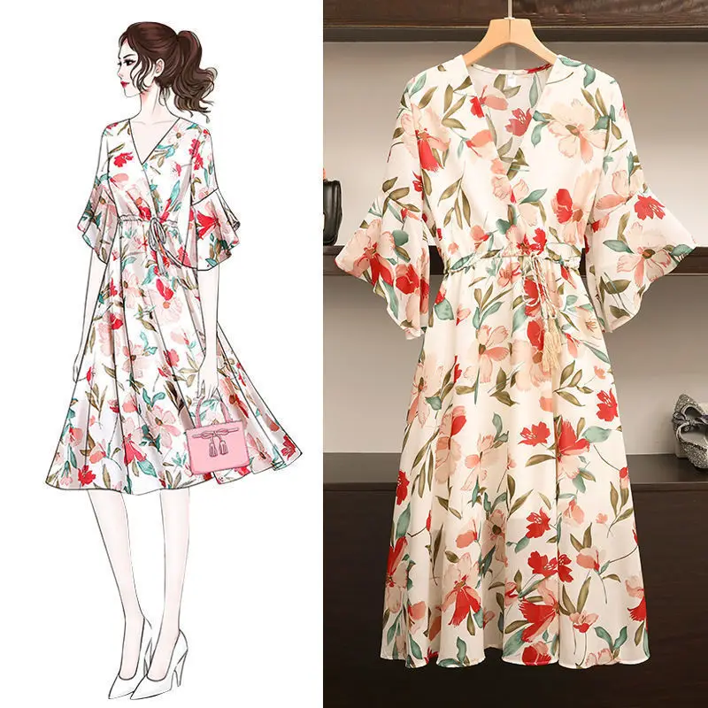 

Floral Chiffon Dress Mid Length Women Corset Loose Casual Elegant Dress Vintage Floral Summer Premium Skirt Boho Luxury Clothes