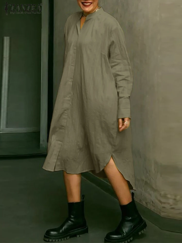 

Платье ZANZEA женское однотонное до середины икры, элегантный повседневный длинный сарафан с отложным воротником и длинным рукавом, большие р...