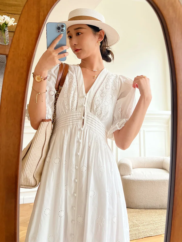 

Korean Style 2023 Summer V-Neck Flare Sleeves Single Breasted High Waist Embroidered White Long Maxi Cotton Women Dress