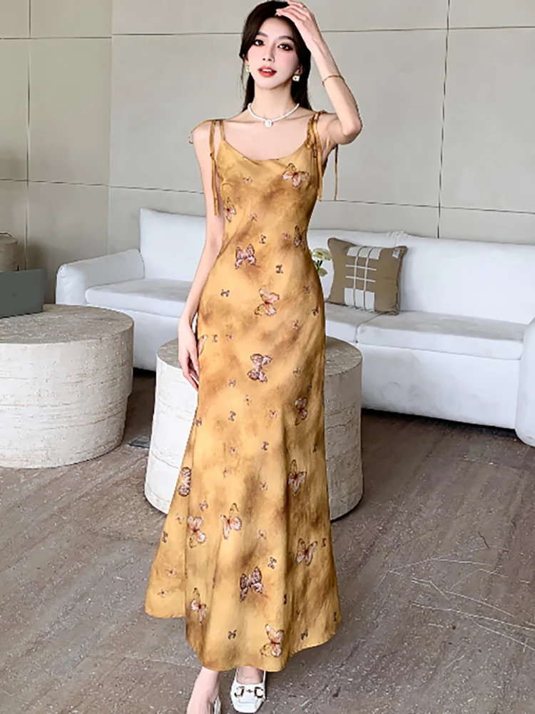 Новинка 2024 модное шикарное длинное платье на бретельках с бантом летнее