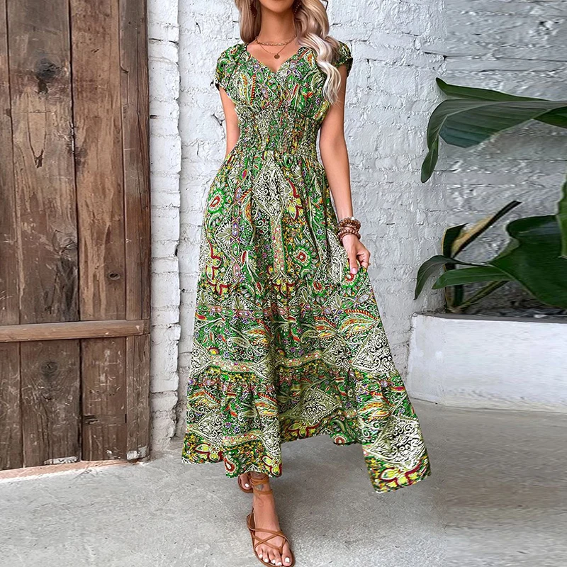 

Women Vintage Print Long Dress Summer Elegant V Neck Elastic Waist Maxi Dresses 2023 Holiday Bohe Sexy Short Sleeve A-line Robe