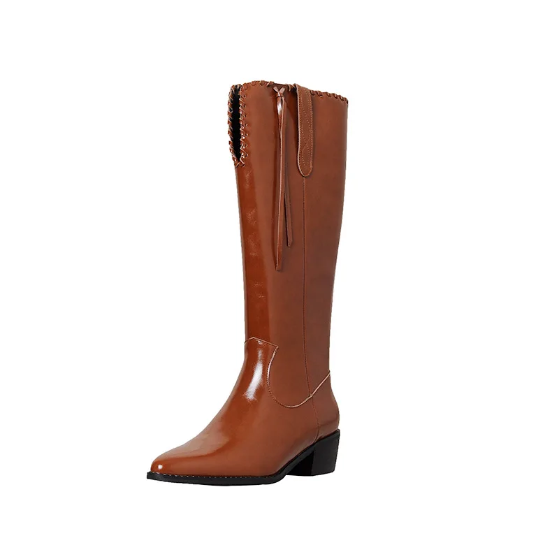 

Women Knee High Boots Riding Warm Female High Heels Modern Boots Black Shoes Woman Brown Classic Bright Genuine Leather