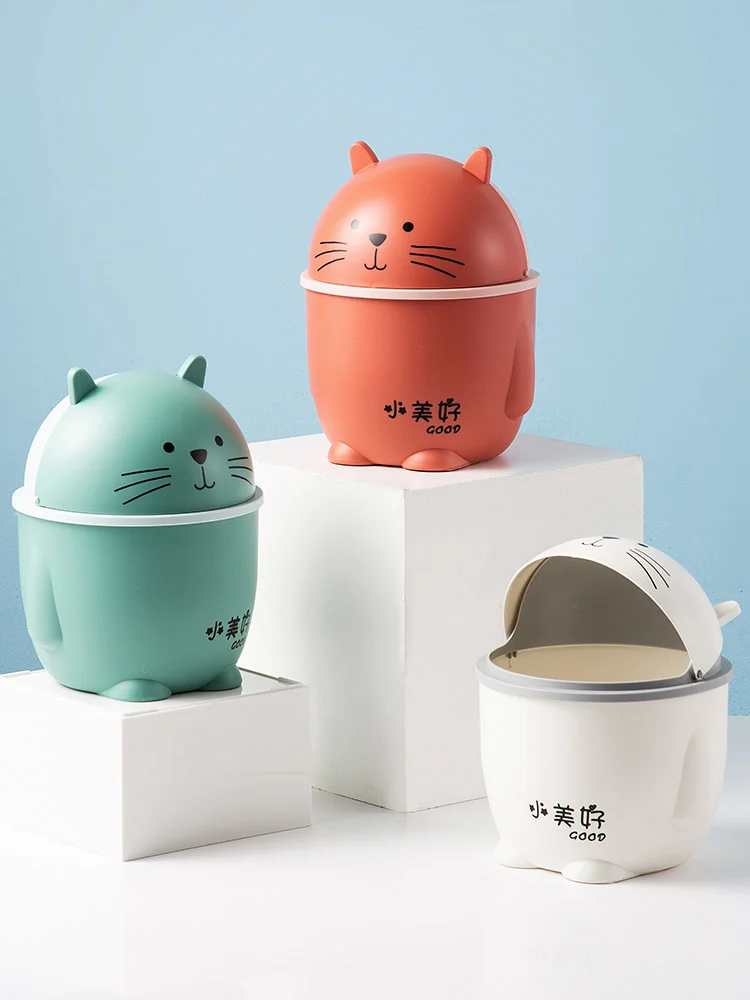 

Desktop Trash Can Household Cute Cat Small Dormitory Desk Mini Paper Basket With Cover Garbage Cans Creative