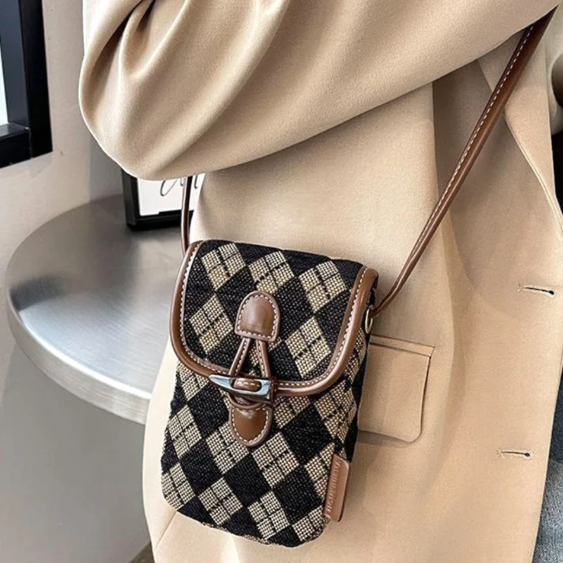 

Новинка 2022, осень и зима, винтажная холщовая мини-сумка в клетку для мобильного телефона, простой кошелек через плечо, рюкзак на одно плечо, рюкзаки