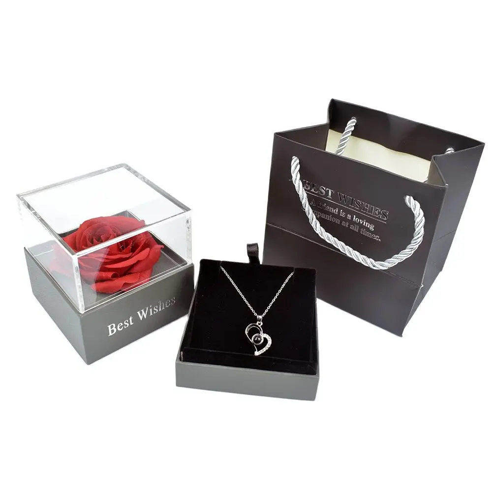 

Silk Rose Flower Jewelry Box with Special 100 Languages I Love You Necklace Gift for Mother Girlfriend Valentines Days