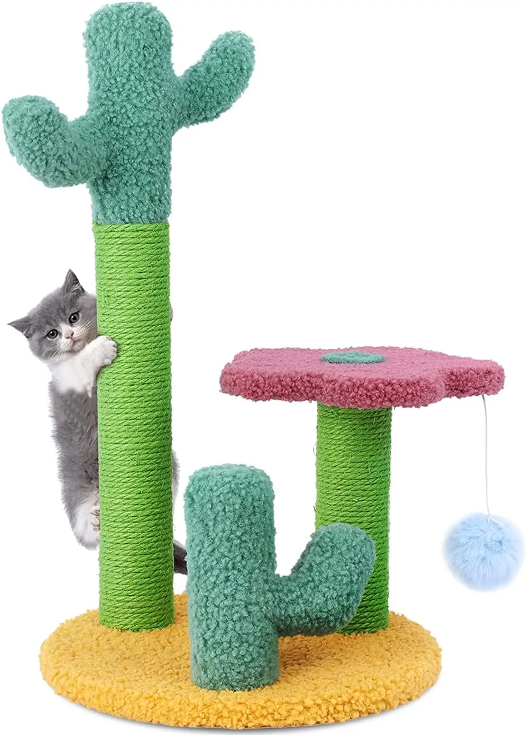 

OBOVO Poste rascador para Gatos de Cactus de 50 cm de Alto, Poste de sisal con 3 Postes de Diferentes Alturas y Bola Colgante, J