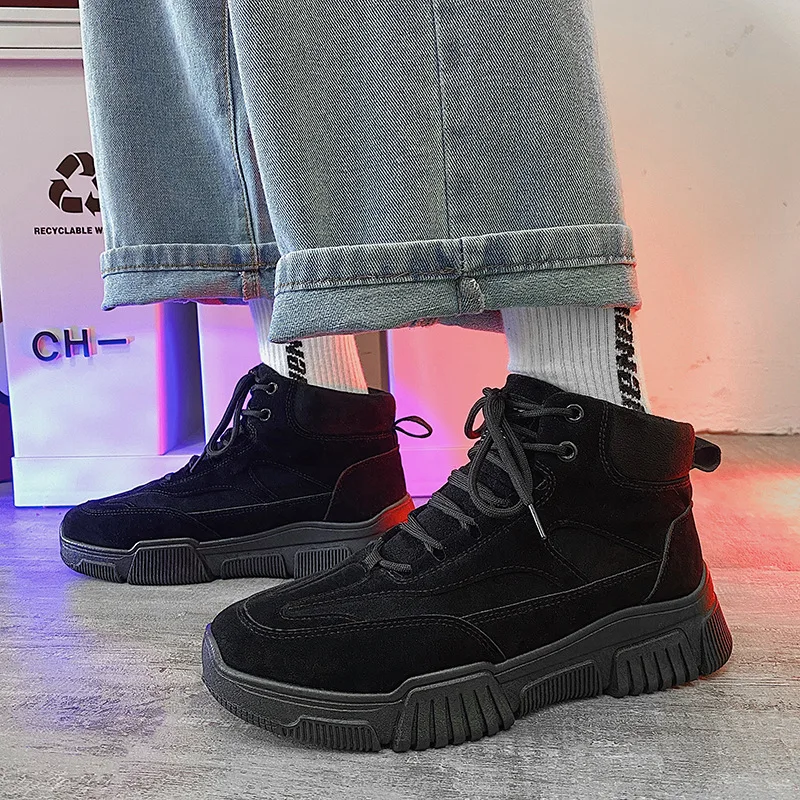 

Thicksoled Boots Hightop Plus Velvet Warm Men Nude Boots Low Heeled Tooling Boots Winter Round Suede Solid Color Casual