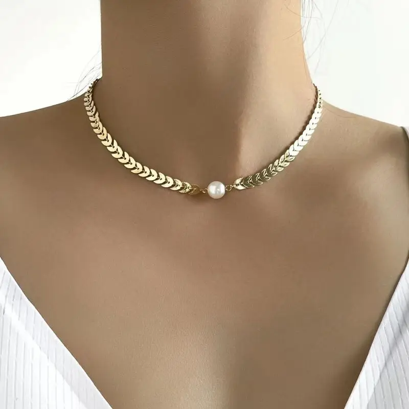 

KYTRD Gothic Pearl Choker Necklaces For Women Collier Collar Aesthetic 2023 Gold Color Leaf Chain Jewelry Accessories Gift Egirl