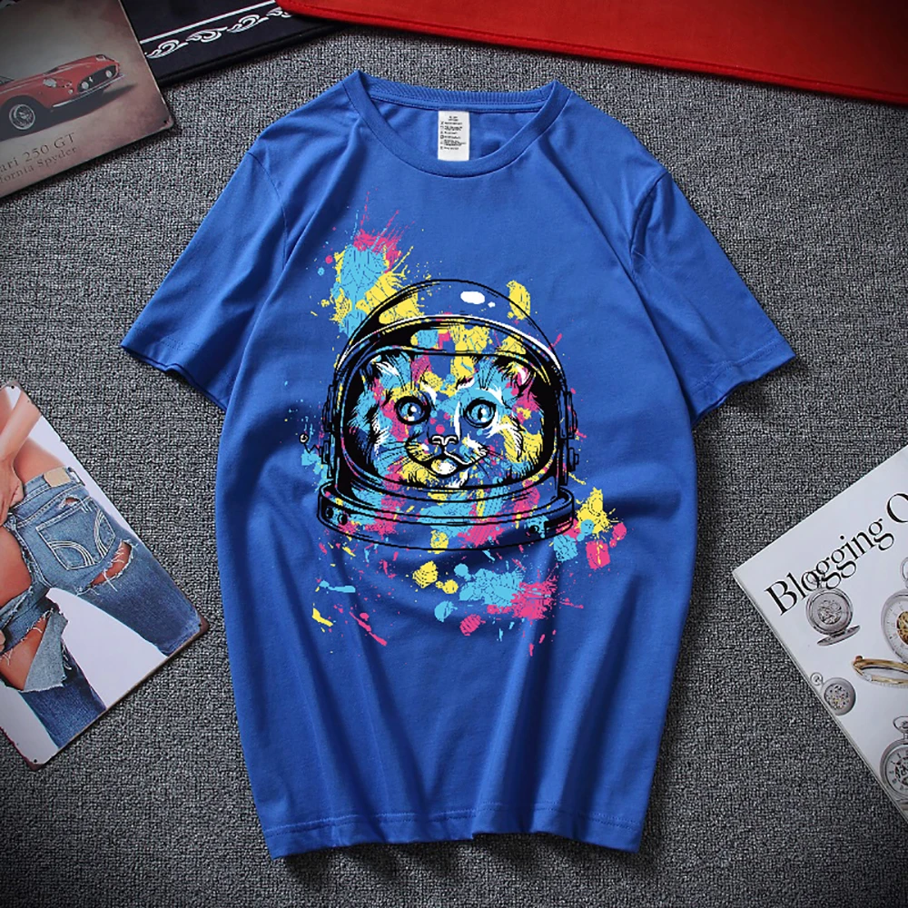 Купи Summer Men Women Cotton Solid Color T-Shirt Cartoon Space Cat Top Tee Male Casual Stylish Clothing Unisex Fashion Streetwear за 480 рублей в магазине AliExpress