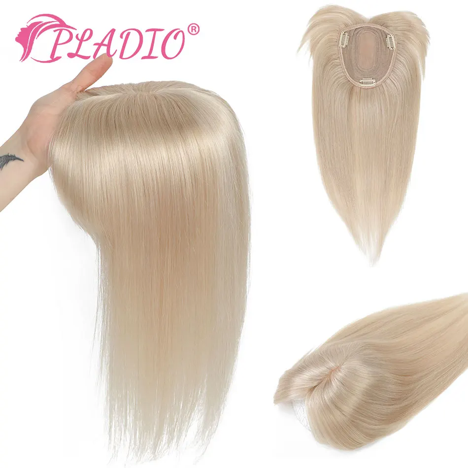 

PLADIO 8" 10" 12" 14" Center Part Human Hair Piece With Bangs Clip In Topper Hair Extension 100% Human Hair Topper for Women