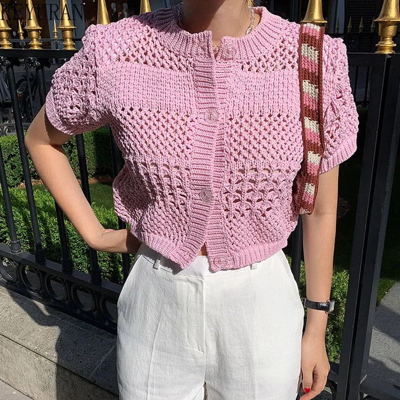 

Summer Sweet Puff Short Sleeve Knit Cardigan Women Korea Chic Hollow Out Thin Ice Silk O-neck Sweater Coat 2022 New Knitwear Top