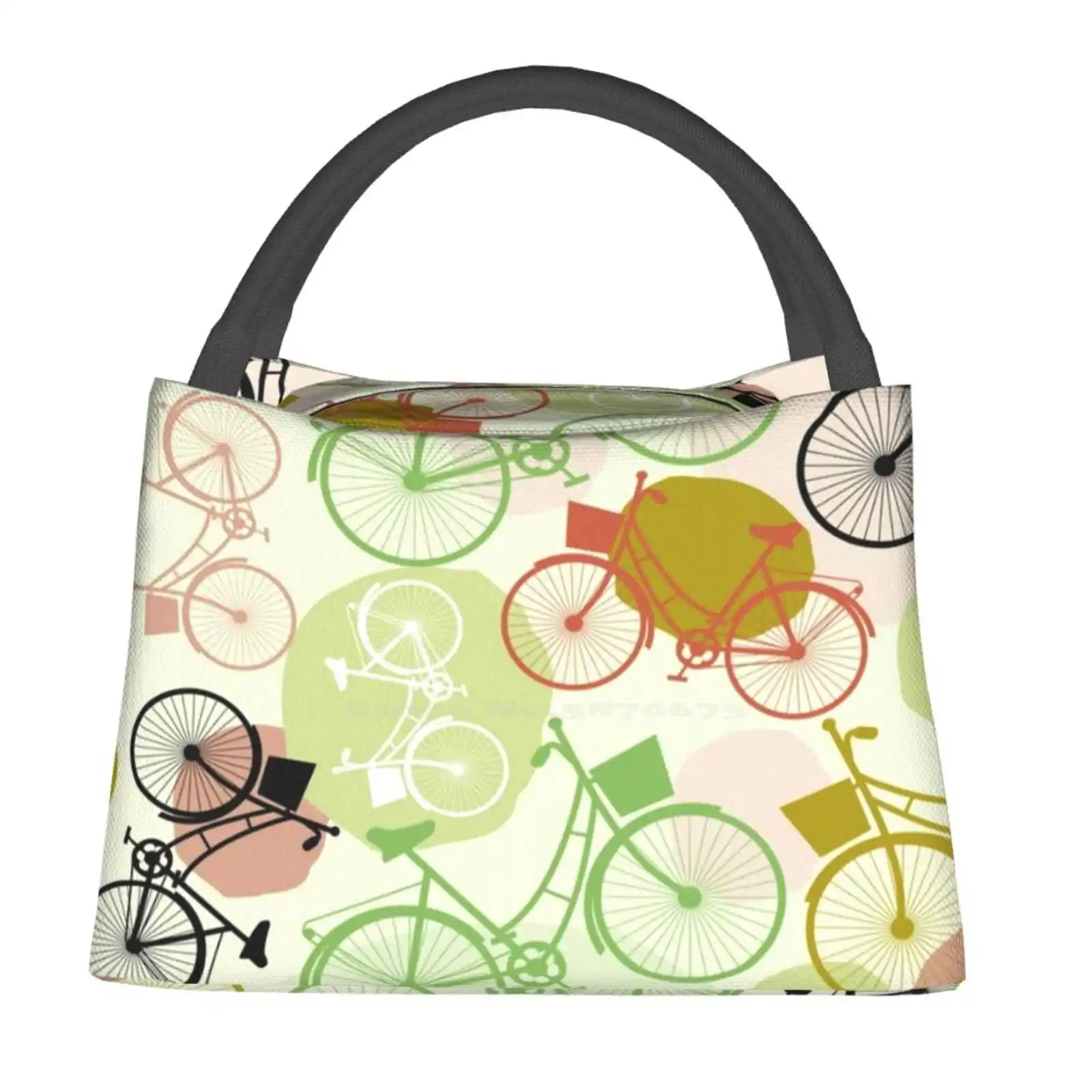 

Ride A Bike Vintage Bicycles, Seamless Pattern, Green Brown Beige Colors Food Portable Insulation Bag Cooler Tote Old Set Ride