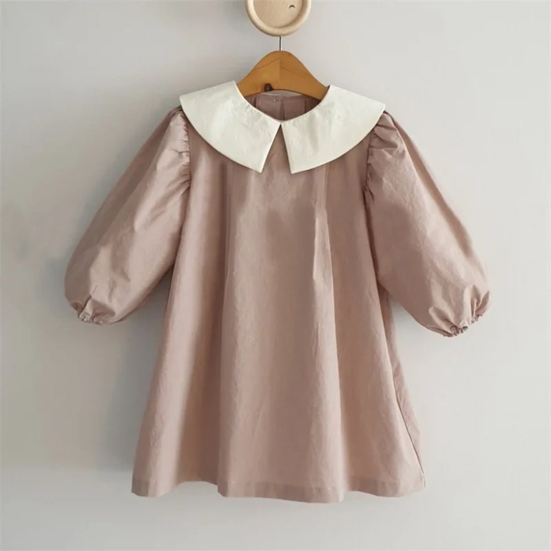 

Girls Dress Pink/Navy 2022 Korean Style Spring Autumn Kids Puff Long Sleeve Peter Pan Collar Vestido Toddler Baby Dresses