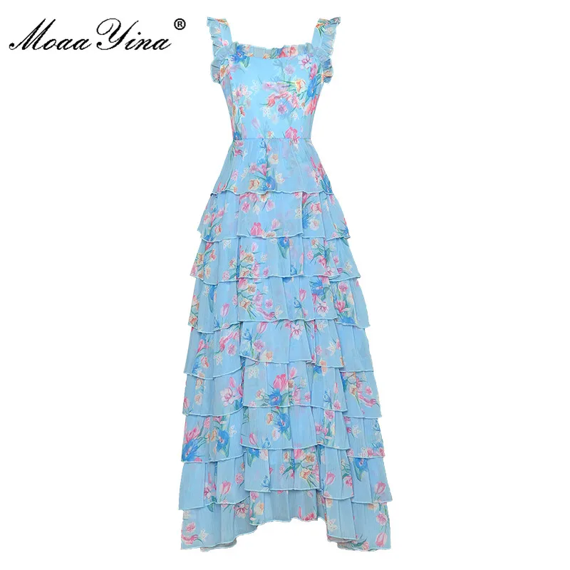 

MoaaYina Fashion Designer dress Summer Women's Dress Spaghetti strap Cascading Ruffle Blue Floral-Print Vacation Maxi Dresses