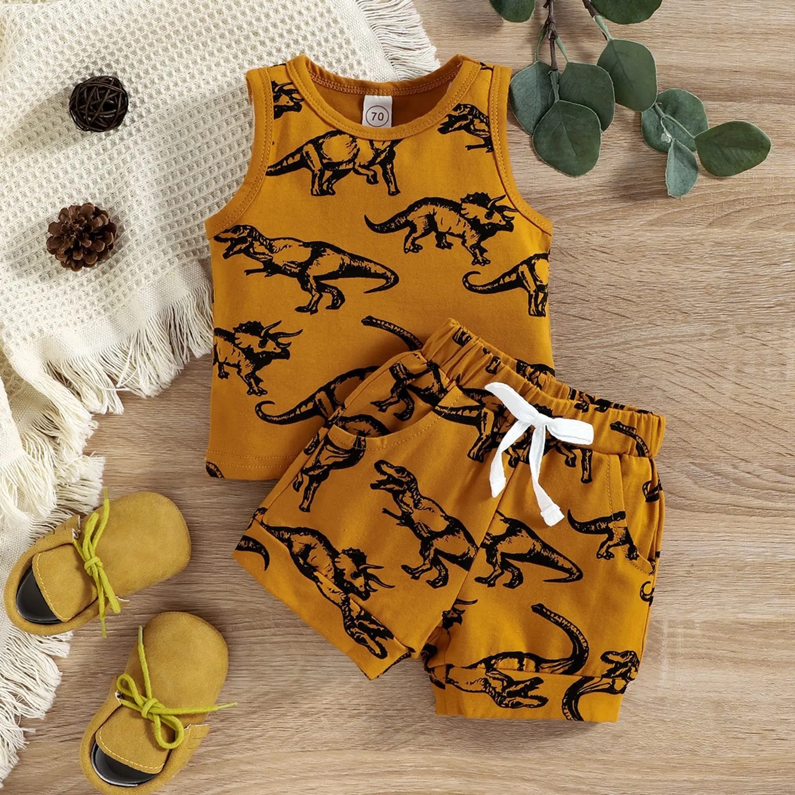 

Baby Boy Clothes Chidlren Casual Outfits Infant Yellow Cartoon Dinosuar Vest + Shorts 2pcs Set Children Summer Clothing Sets