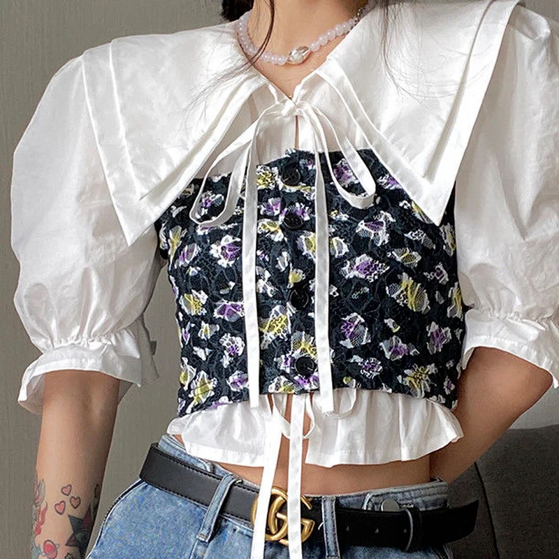 

Kio Summer Elegant Floral Blouse Women Vintage Sweet Casual Puff Sleeve Blouse Female Chic Two Piece Suit Party Blouse 2022