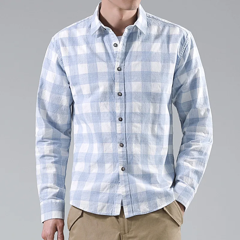 

Color Spinning Plaid Casual Shirt Men Long Sleeve Slim Fit 100 % Cotton Single Pocket Button-down Male Social Formal Shirts