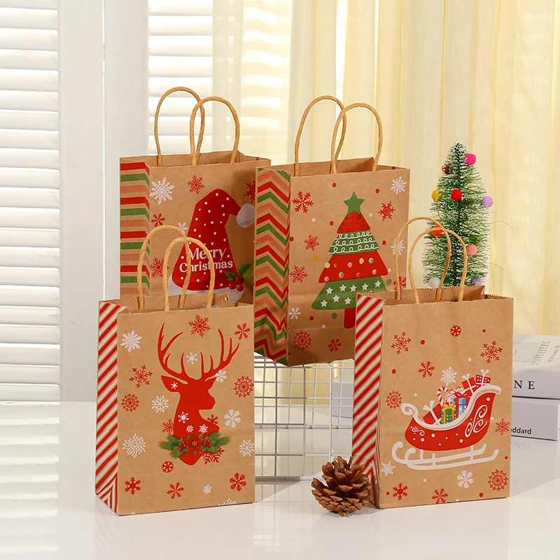 

6PCS Merry Christmas Party Kraft Paper Gift Bags with Handle Cartoon Candy Favor Bags Kids Birthday Goody Bag Christmas P TC253
