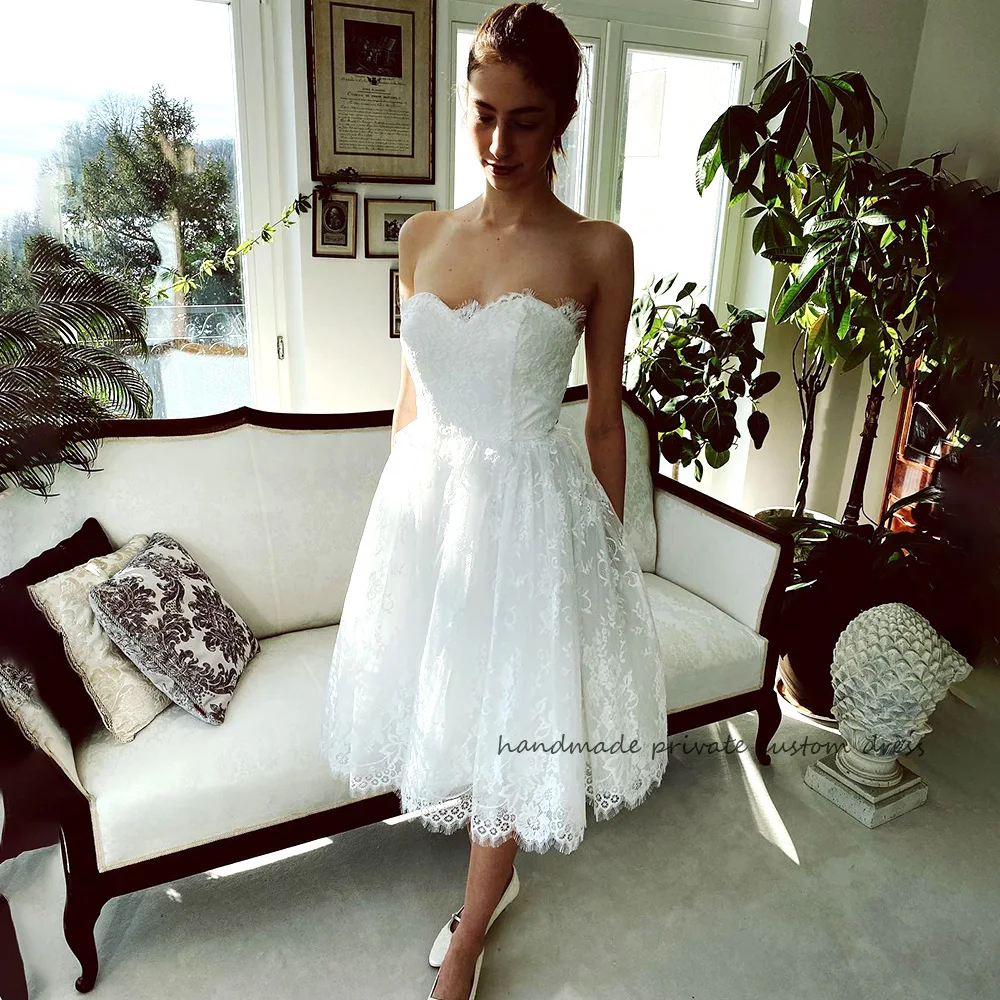 

White Lace Sweetheart Wedding Dresses Draped Tulle A Line Bride Dress Tea Length Beach Wedding Bridal Gowns Back Lace Up