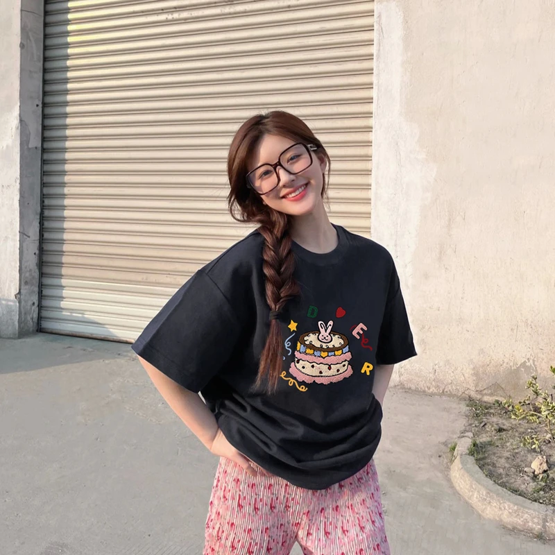 

ADER T-shirt Rabbit&Cake Embroidery Stitch Short Sleeve Spring/Summer Korean Fashion Loose Shirt Women Clothing Y2k Streetwear