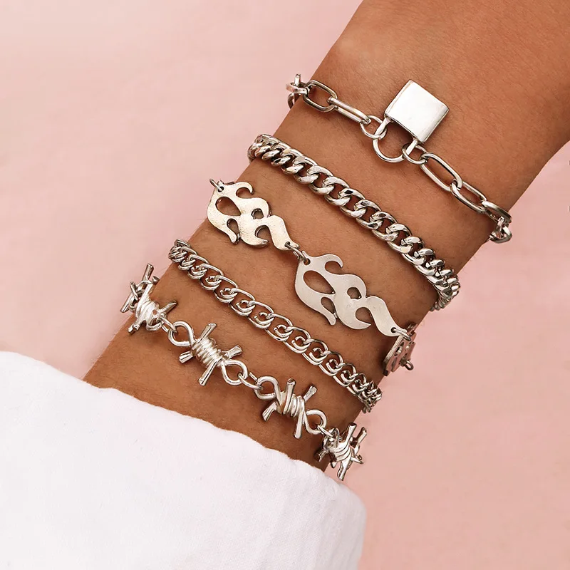 

5-piece Set of Thorny Thorns Thorny Chain Super Cool and Cool Trendy Hip-hop Bracelet Metal Lock Flame Hand Jewelry Wholesale