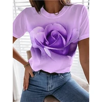 novedad de verano 2022 camiseta de verano para mujer camiseta elegante de manga corta top con estampado floral en 3d morado