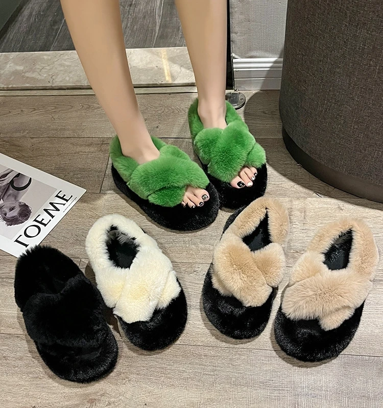 

Home Slippers Women's Shoes Slides Med Fashion Fur Flip Flops Flock Beige Heeled Sandals Pantofle Platform Massage Soft Flat Lux