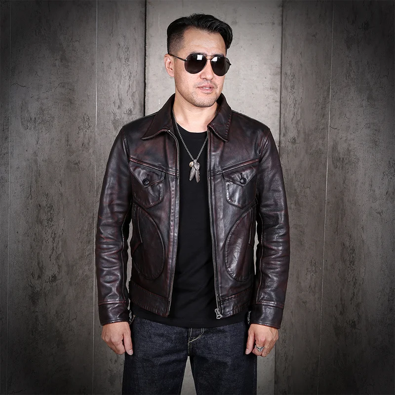

YR!Free shipping.2022 new biker clothes.Classic vintage style genuine leather coat.men high quality tea core horsehide jacket.