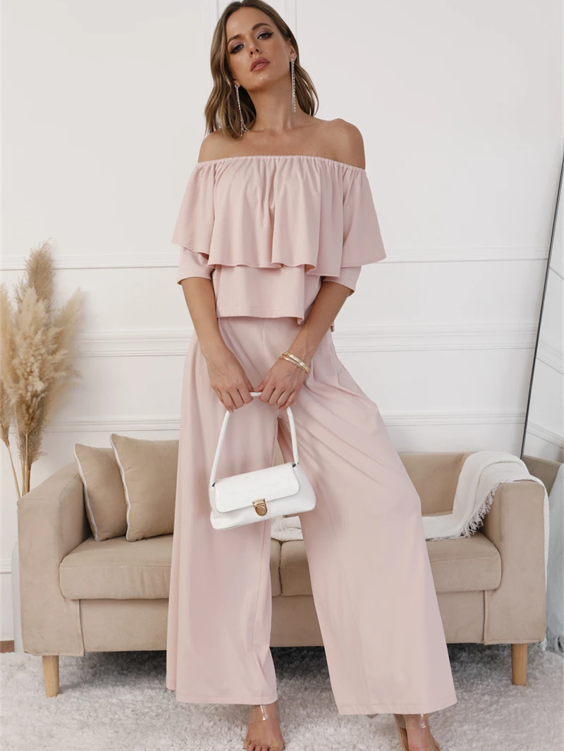 

Sexy Two Piece Pants Sets Women Tracksuit Summer Clothing Off Shoulder Slash Ruffle Crop Top Wide Leg Pants Suits Casual Outfits
